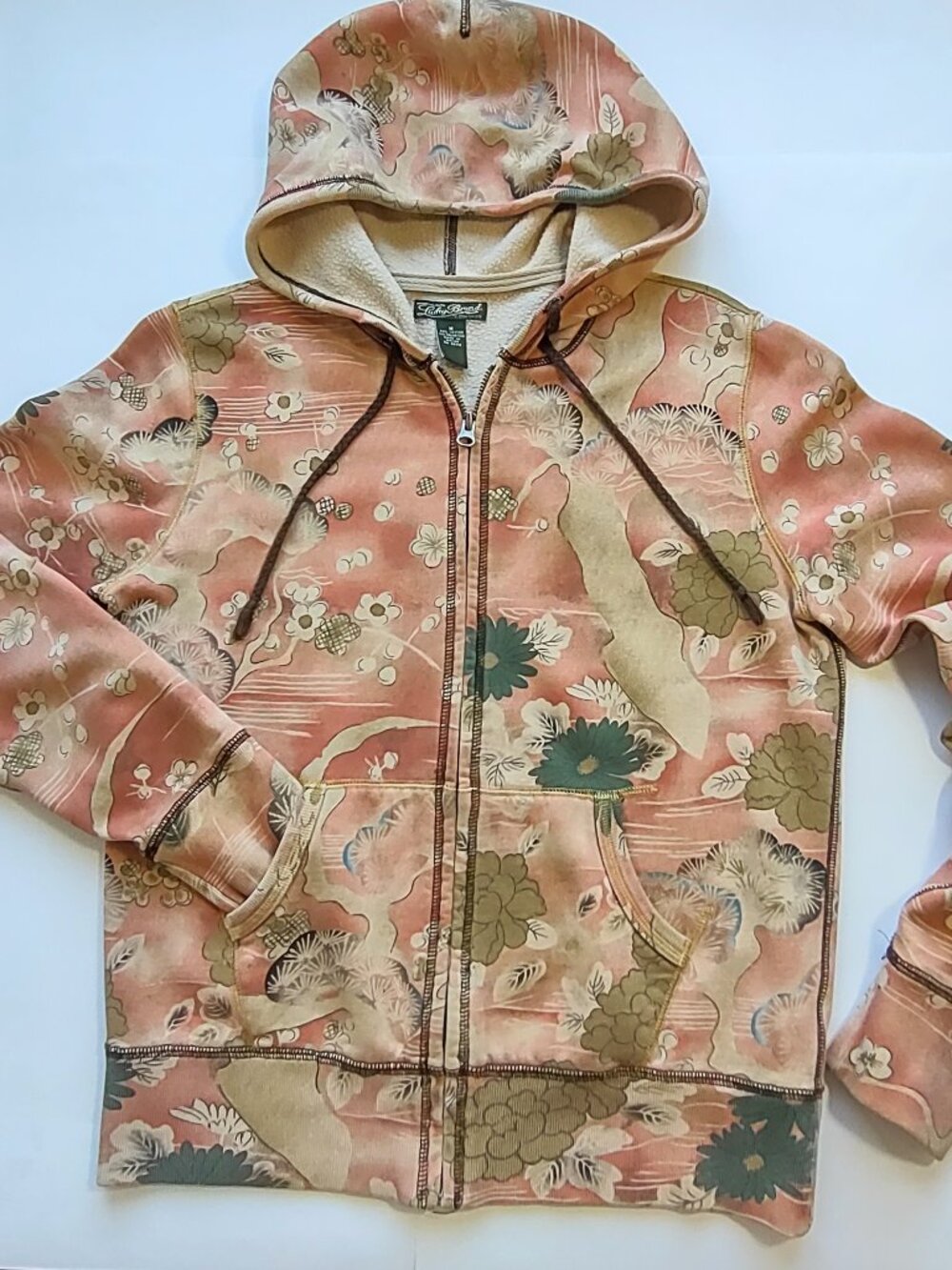 Vintage Lucky Brand Asian Floral Hoodie Sz Medium Full Zip Boho Earthy Artsy Y2K